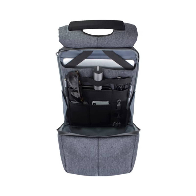 A grey backpack with multiple interior compartments, including slots for sunglasses and a drink bottle. It features a top handle.