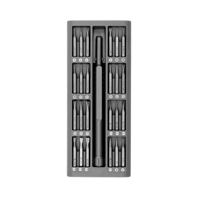 A black precision tool kit featuring various screwdriver bits and a handle, organised in a compact case with a logo.