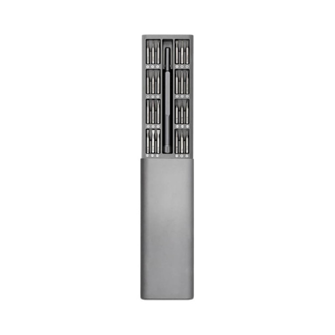 A compact grey tool kit featuring multiple precision screwdrivers arranged in a sleek container with a logo.