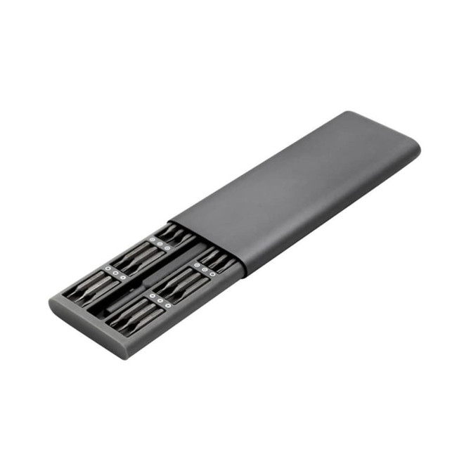 A compact grey tool kit featuring multiple precision bit drivers, housed in a sleek case.