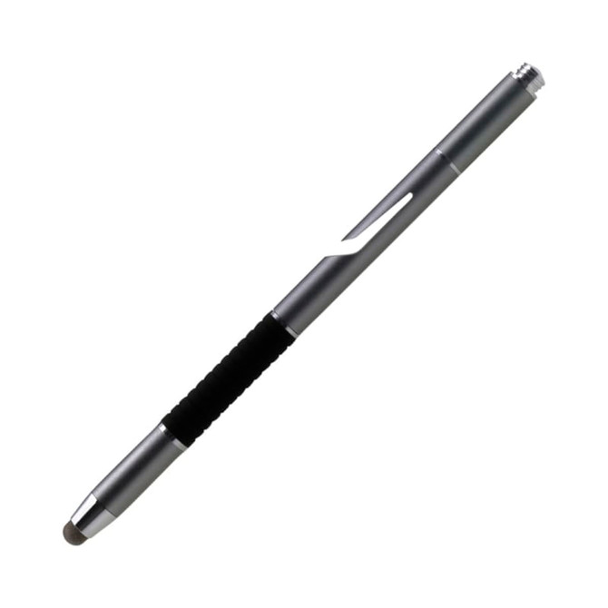 A stylus pen in silver with a black rubber grip, featuring a branding logo on the side.