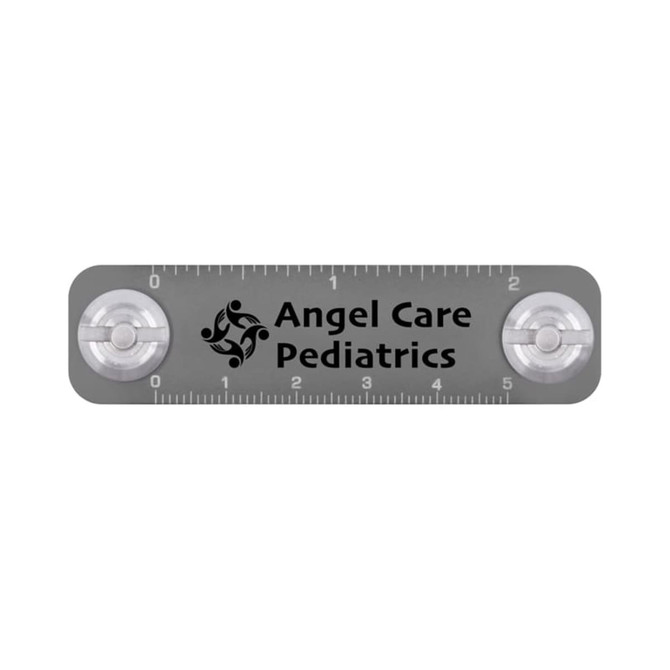 A grey Keyper Case with a ruler design and two circular ends, featuring a logo in the centre.