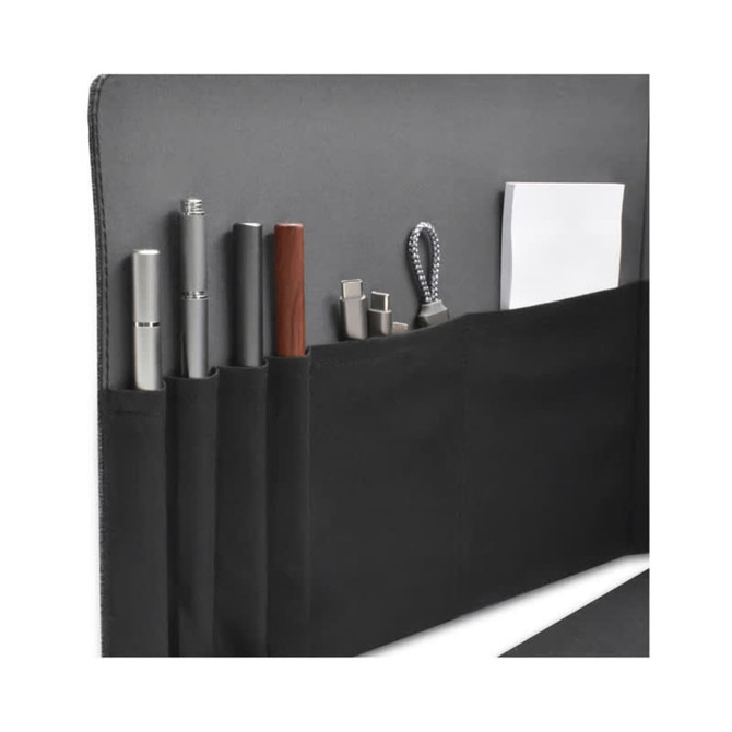 A black laptop bag featuring multiple compartments for pens, USB drives, and a notepad, with an integrated branding logo.