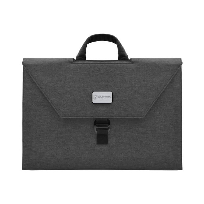 A grey laptop bag with a handle and a clasp closure, featuring a logo on the front.