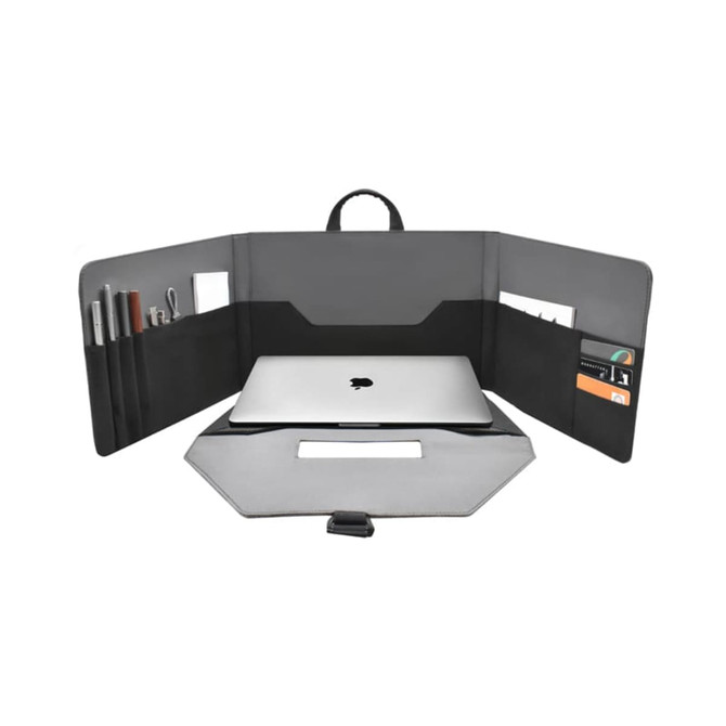 A grey laptop bag with multiple compartments, holding a laptop, pens, and cards. It features a handle and a sleek design.