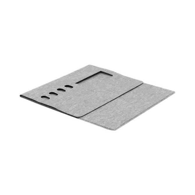 A foldable mouse pad in a grey fabric finish, featuring cut-out sections and a logo.