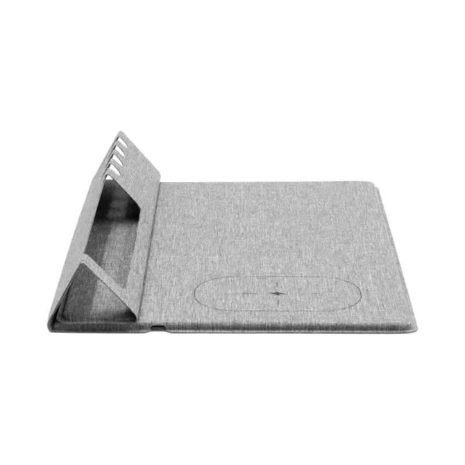 A grey eco-friendly mouse pad with a sleek design and built-in charging feature, featuring a logo.