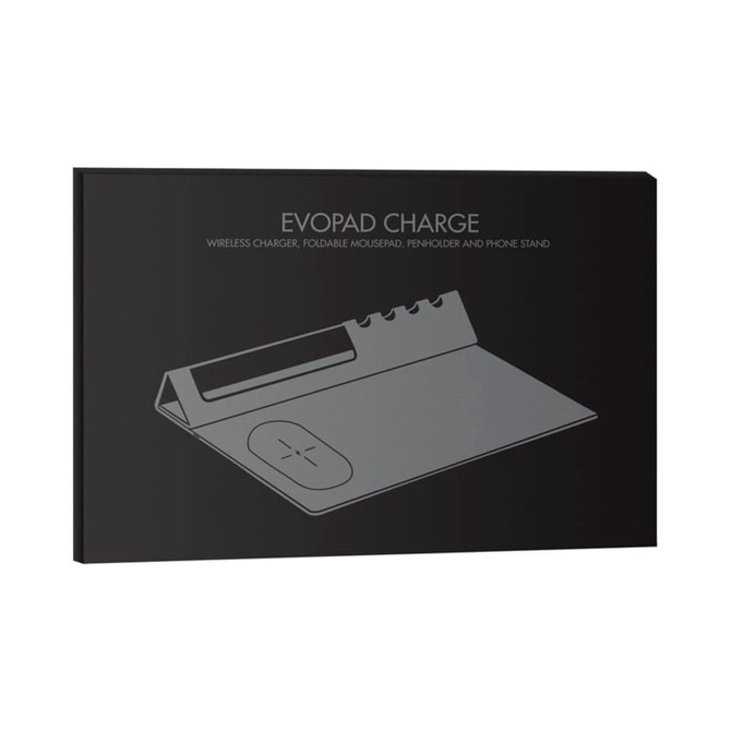 A sleek black mouse pad features a built-in wireless charger, pen holder, and phone stand; includes a logo.