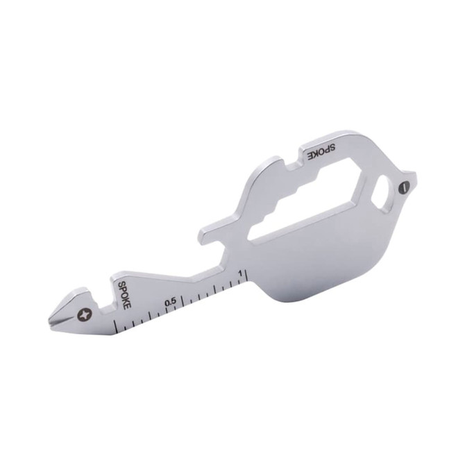 A silver multi-tool featuring various functions and measurements, designed for versatility and convenience.