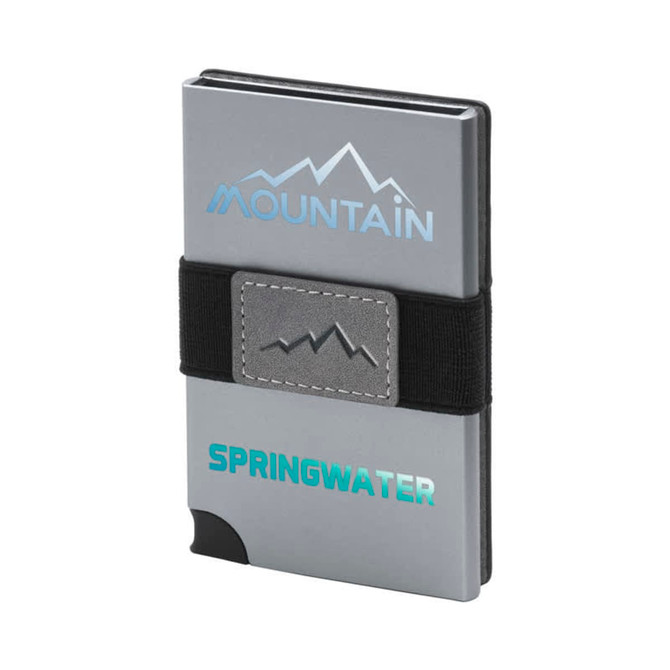A silver vegan RFID wallet featuring a black elastic band and a logo, designed with a sleek, minimalist style.