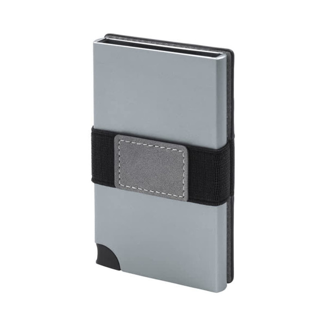 A grey vegan RFID wallet with a black elastic band, featuring a textured patch on the front for added grip.