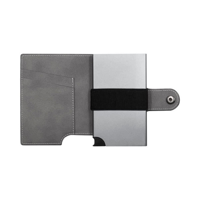 A grey vegan wallet featuring card slots and an elastic strap closure, with a logo on the exterior.