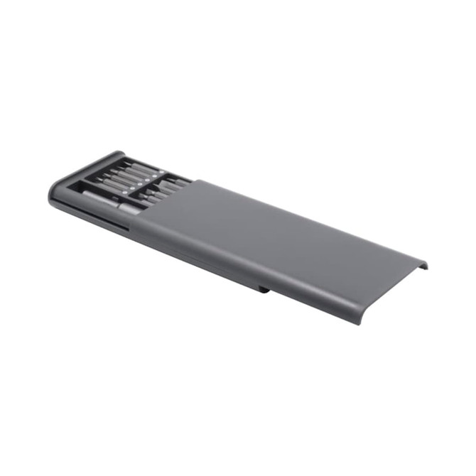 A grey precision tool kit featuring multiple attachable bits, housed in a sleek, compact case with a logo.