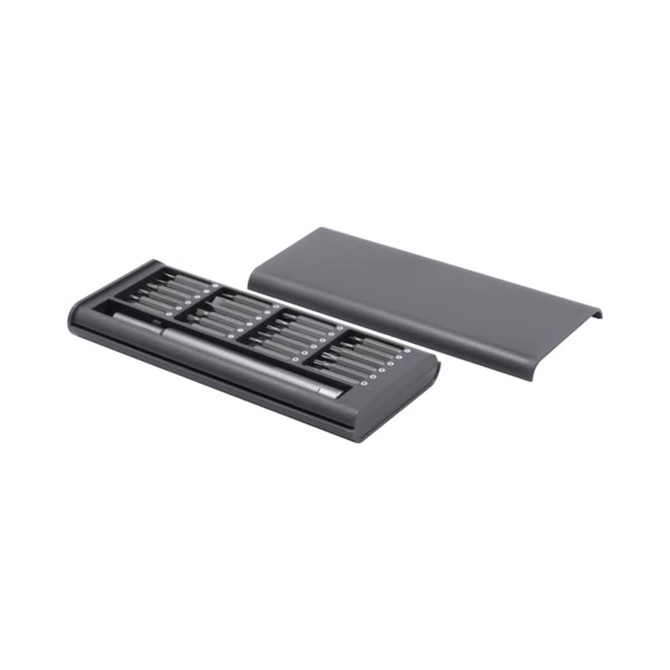 A grey precision tool kit with various screwdriver bits and a cover. It includes a compact, organised case.