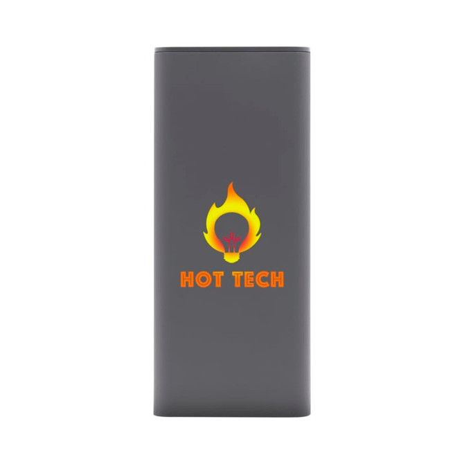 A grey power bank featuring a flame graphic and branding logo. Compact design suitable for portable charging.