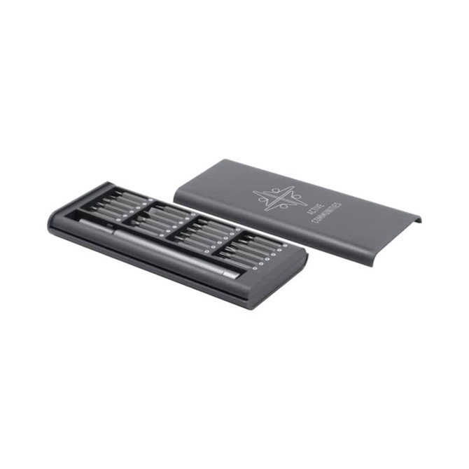 A precision tool kit in a grey case, featuring various tools and a logo on the cover.