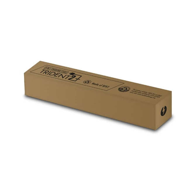 A brown cardboard box containing the Trident 2Plus Eco Charge Cable, featuring a logo and eco-friendly design.