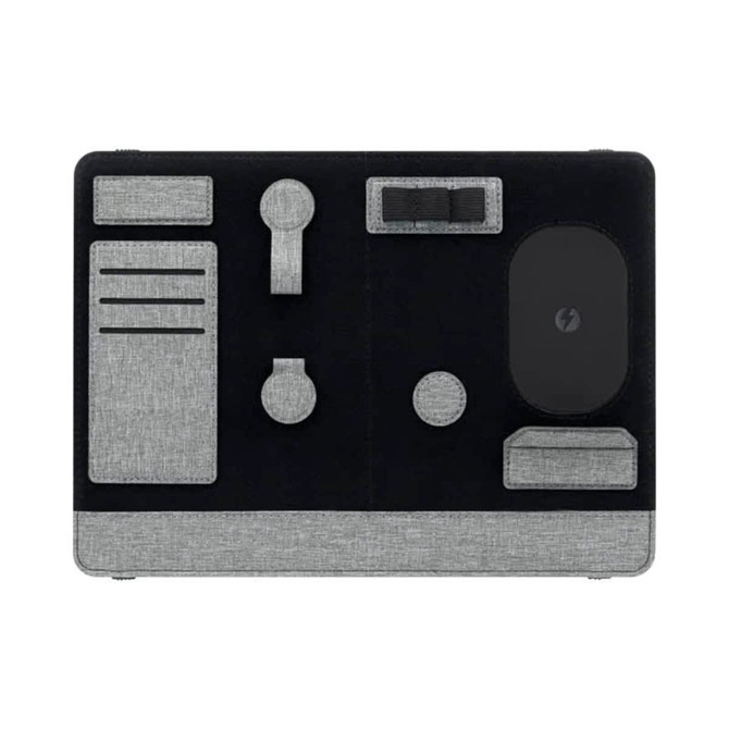 A grey and black laptop organiser features compartments for stationery and accessories, with a logo present.