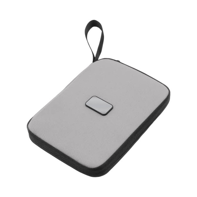 A grey travel wallet with a black zipper and handle, featuring a simple closure design.