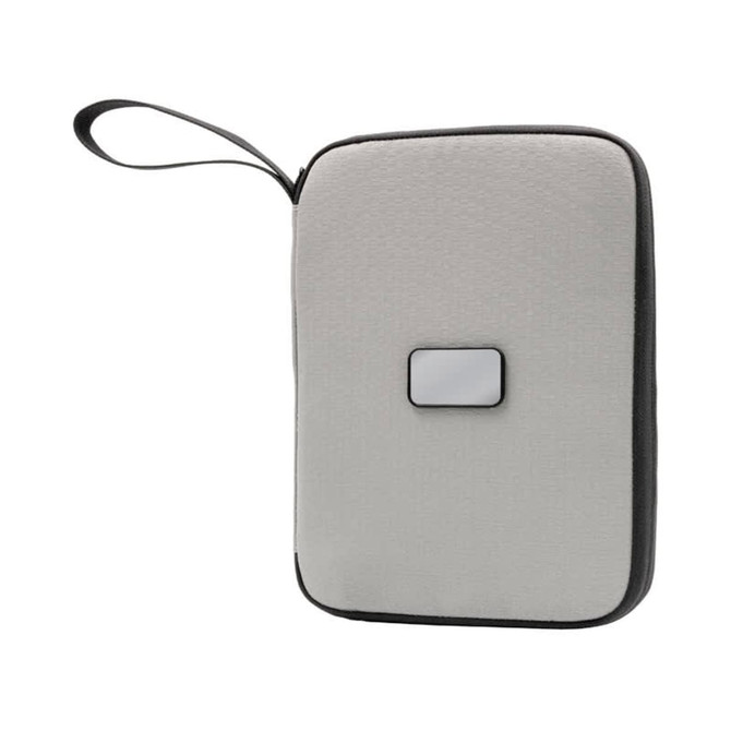 A grey travel wallet with a black accent, featuring a handle and a logo on the front.