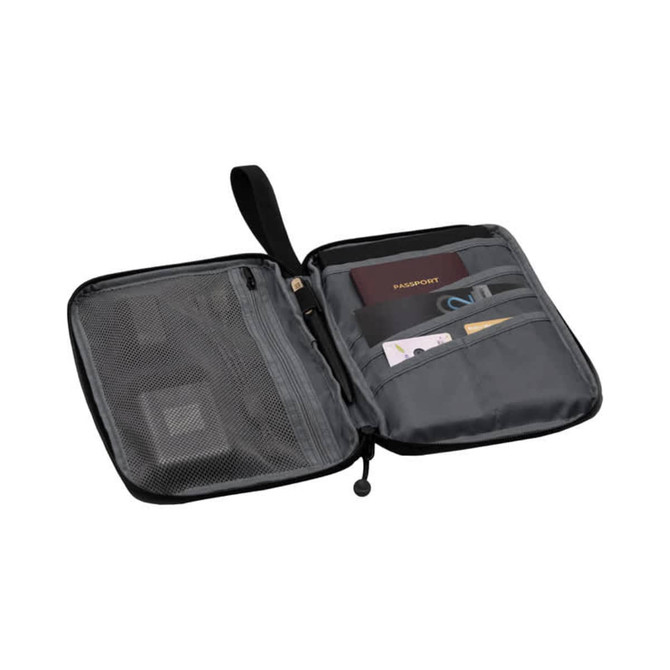 A black travel wallet with a mesh pocket, slots for cards, and a section for a passport. It has a handle.