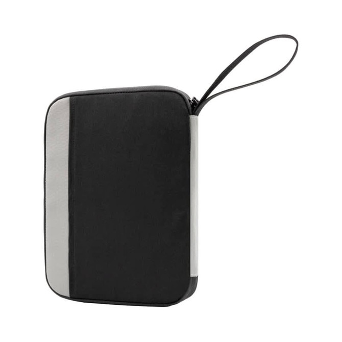 A black and grey travel wallet with a zip closure and carrying handle, featuring a branding logo.