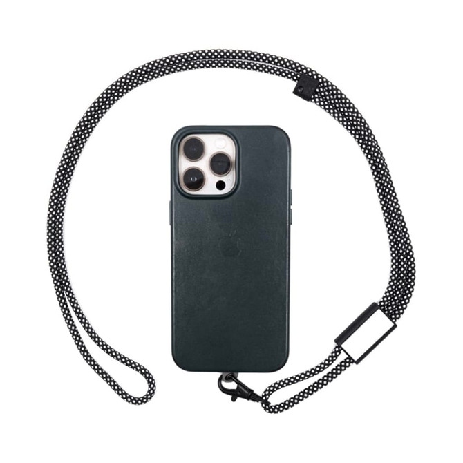 A black crossbody phone strap with a phone case attached, featuring a textured strap and a branding logo.