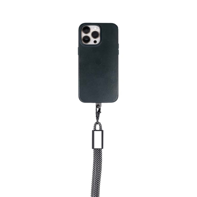 A dark green phone case attached to a black woven strap, featuring a small branding logo.