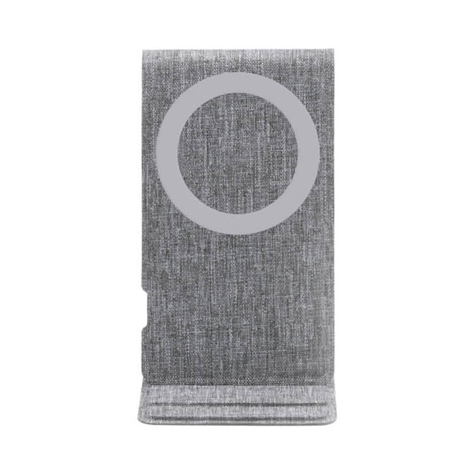 A grey wireless charger with a textured finish and a circular design element. It has a simple, modern look.