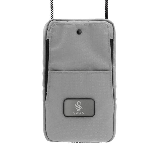 A grey eco essentials bag featuring a front pocket and a logo, designed for carrying small items.