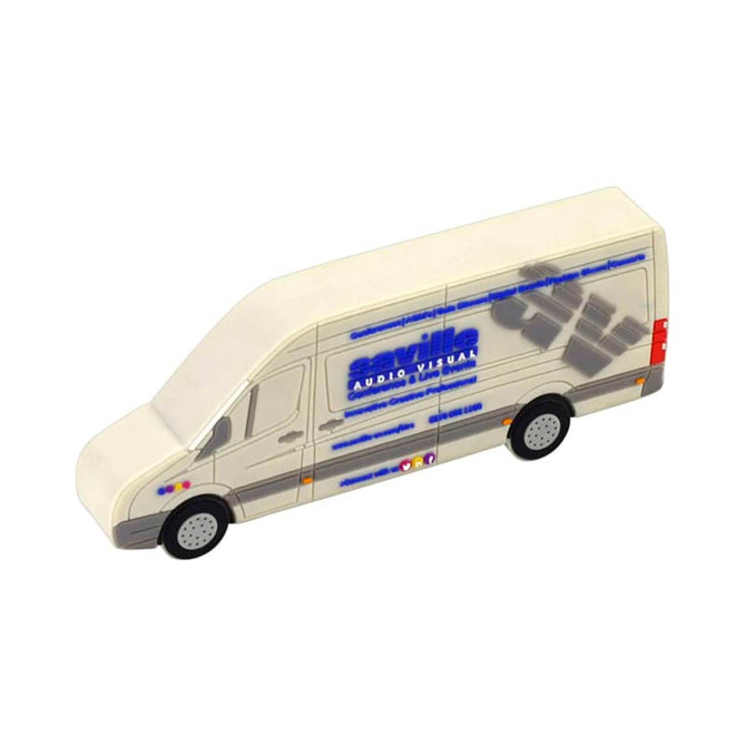 A cream-coloured van-shaped power bank with a logo, designed for charging devices on the go.