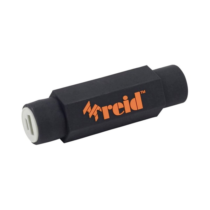 A black custom power bank with a white USB port and a logo.