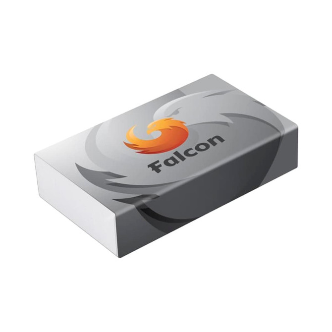 A customised printed sleeve in grey and white, featuring a logo and a sleek rectangular design for pen packaging.