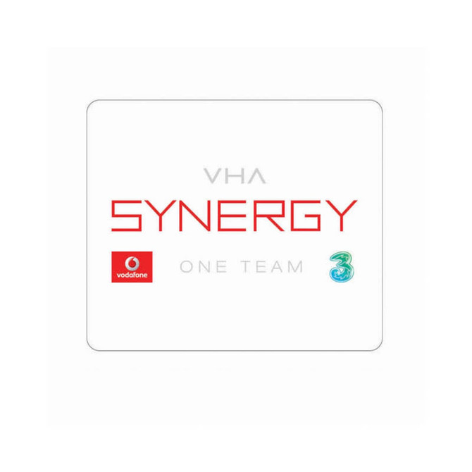A rectangular mouse pad in white, featuring a logo and text in red and green.
