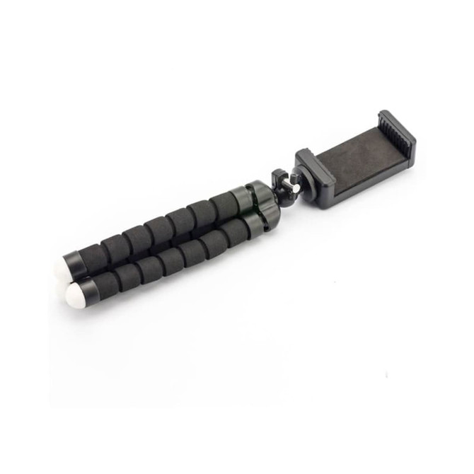A flexible tripod with black rubber grips and a smartphone holder, featuring a sturdy design. It has a compact form.