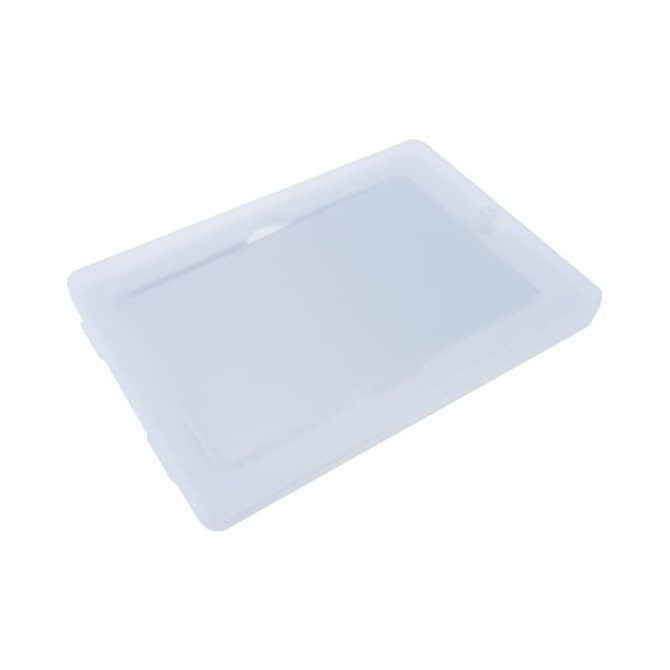 A translucent white credit card magnetic box with a flat rectangular shape, featuring a logo.