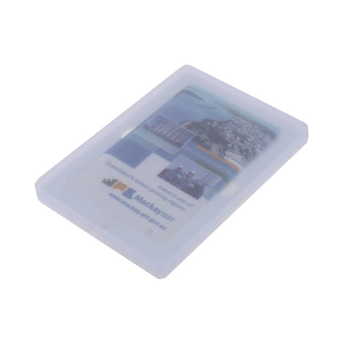 A clear magnetic box designed for credit cards, featuring various images and a logo.