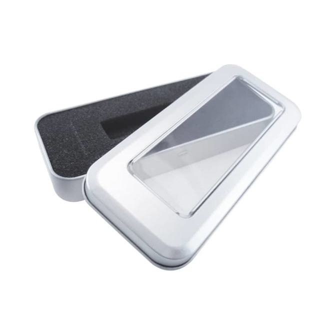 A silver tin box with a clear PVC window and a black foam interior, ideal for packaging pens.