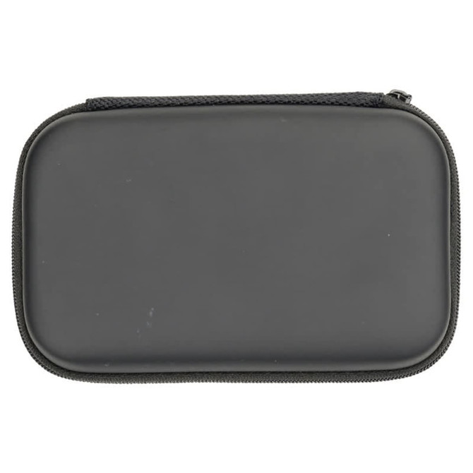 A black zippered case with a smooth surface, featuring a zipper closure and a sturdy design.