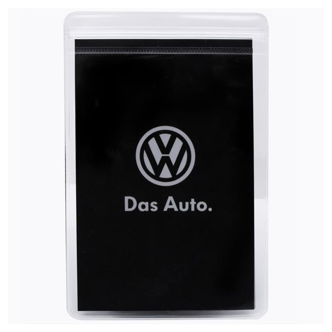 A clear press lock pouch featuring a black background and a logo. Suitable for miscellaneous storage.