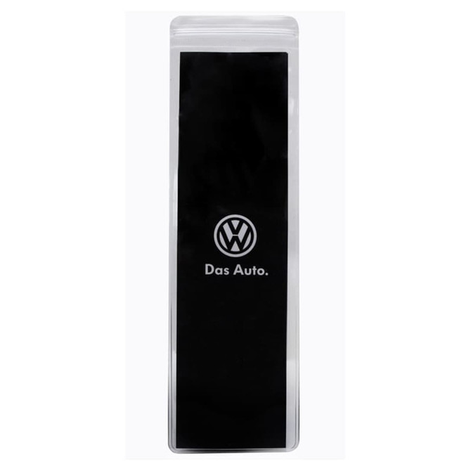 A clear press lock pouch featuring a black insert and a logo on the front.