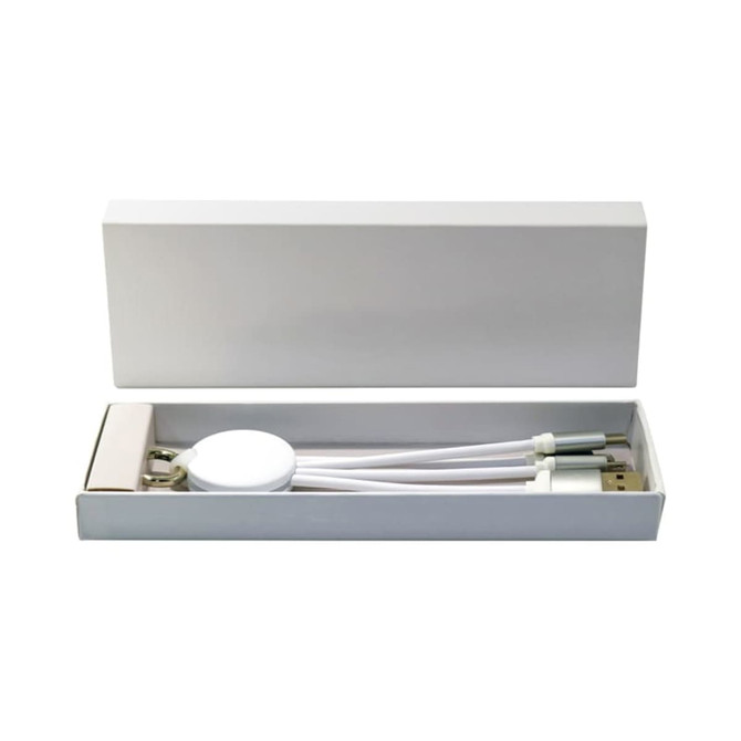 A white gift box containing a charging cable and a round device, with a sleek design and a branding logo.