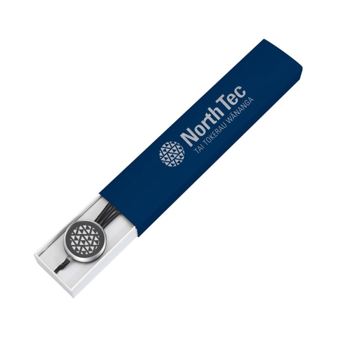 A blue packaging box containing a pen and featuring a logo, presented in a sleek design.