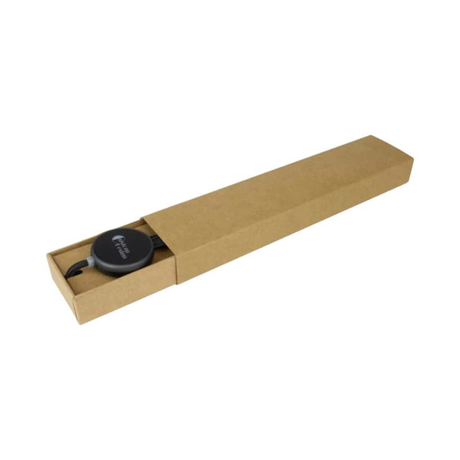 A kraft sliding gift box with a black engraved logo and a pen inside.