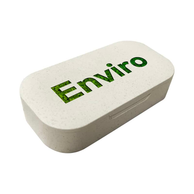 A white hinged lunch box with a green logo, featuring a speckled design.