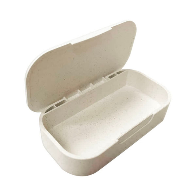 A white hinged lunch box with a textured interior and a slim design, featuring an integrated clasp and a logo.