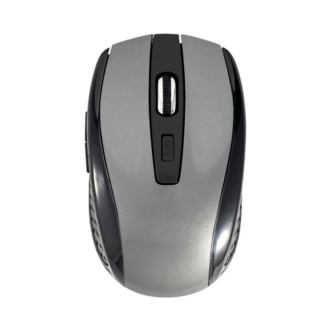 A wireless mouse in grey with a sleek design and a scroll wheel, featuring a branding logo.