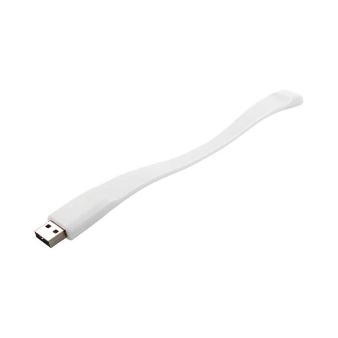 A flexible white silicone wristband featuring a USB connector at one end, with a simple design and a logo.