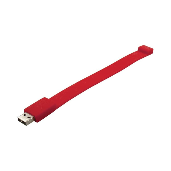 A red silicone wristband with a USB connector on one end, featuring a branding logo.