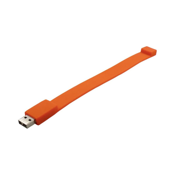 An orange silicone wristband with a USB connector on one end. It has a logo.